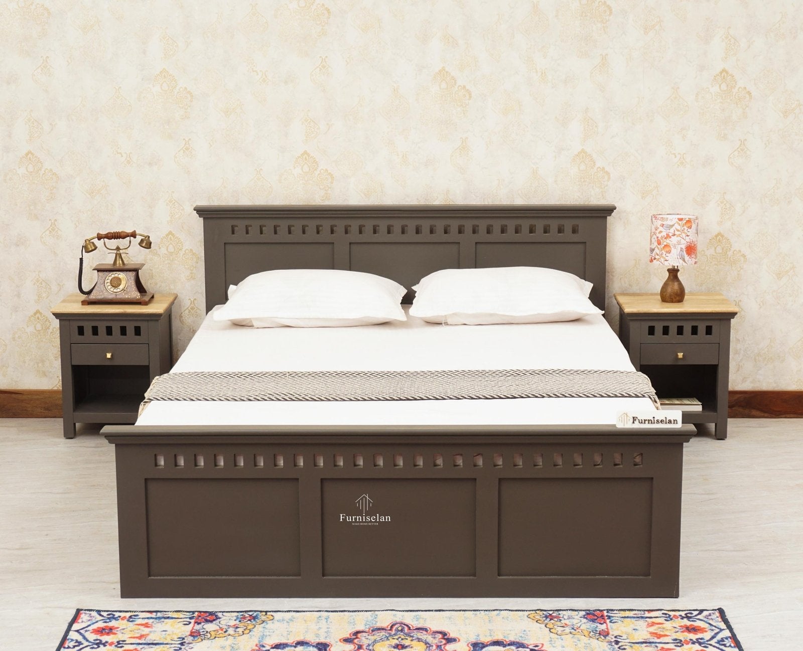 Alexandria Solid Wood Queen Size Bed with Hydraulic Storage Box - Furniselan-Slate-Grey