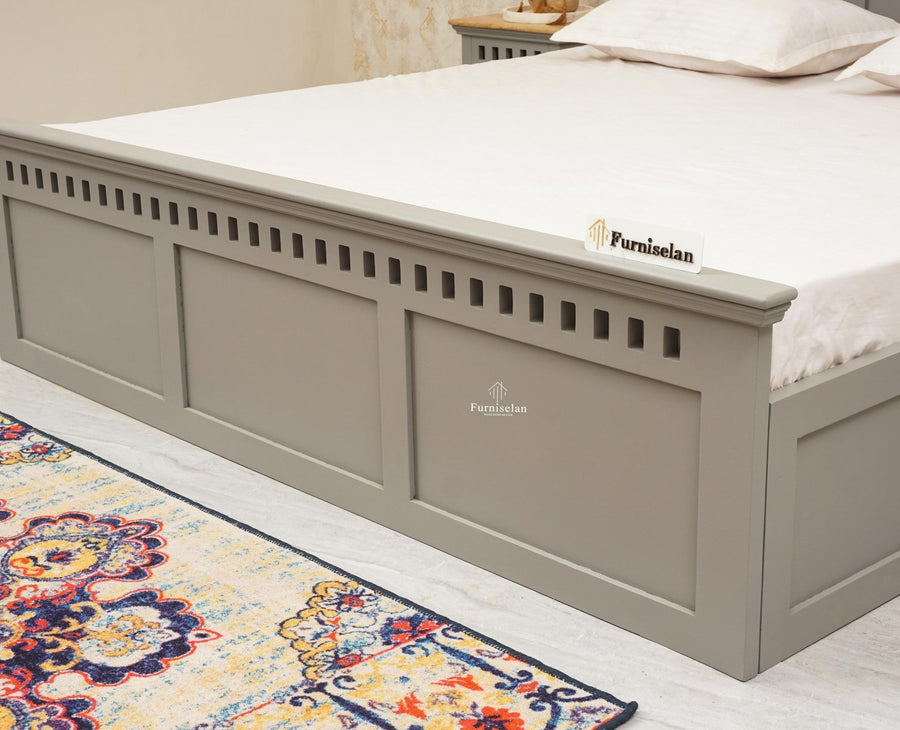 Alexandria Solid Wood Queen Size Bed with Hydraulic Storage Box - Furniselan-Cool-Grey