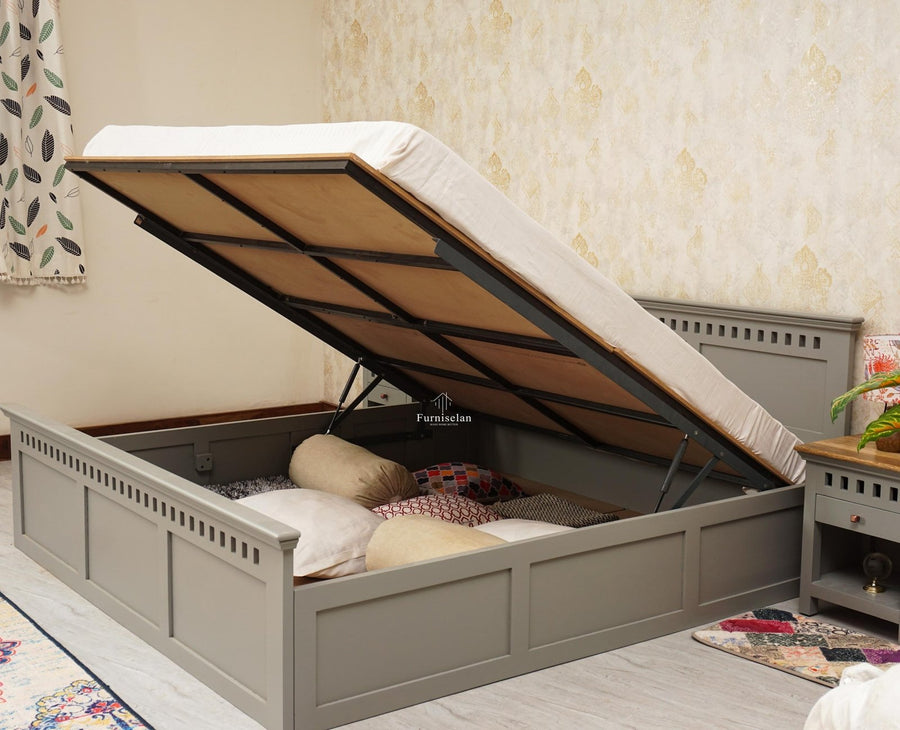 Alexandria Solid Wood Queen Size Bed with Hydraulic Storage Box - Furniselan-Cool-Grey