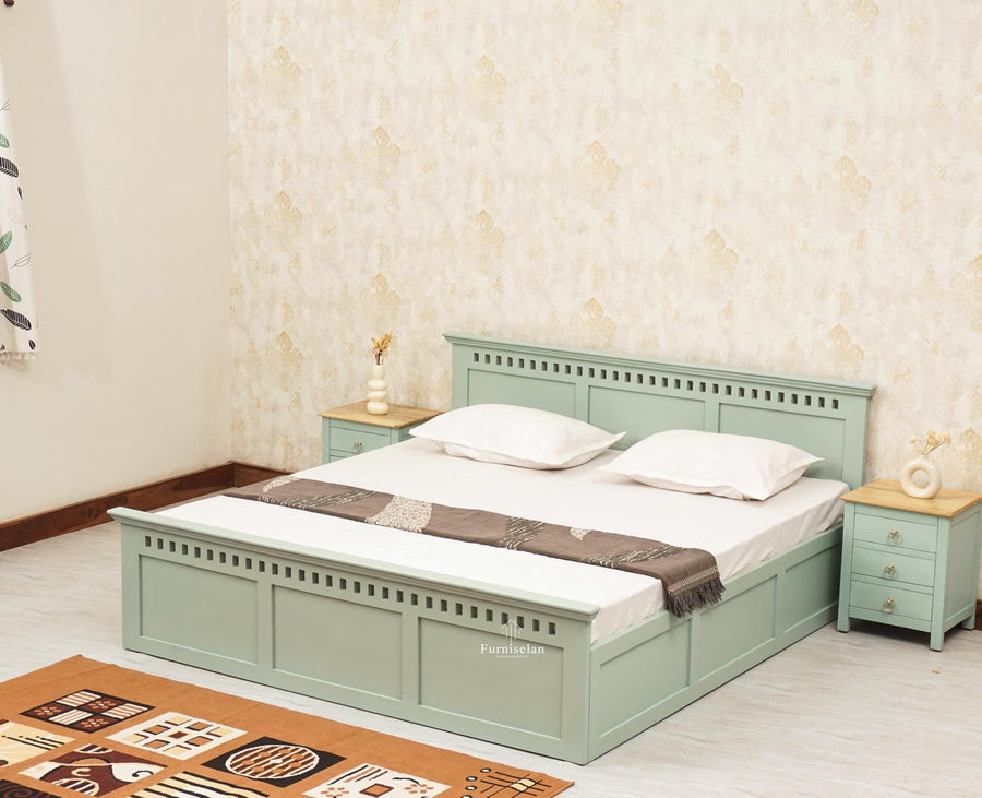 Alexandria Solid Wood Queen Size Bed with Hydraulic Storage Box - Furniselan-Silt-Green