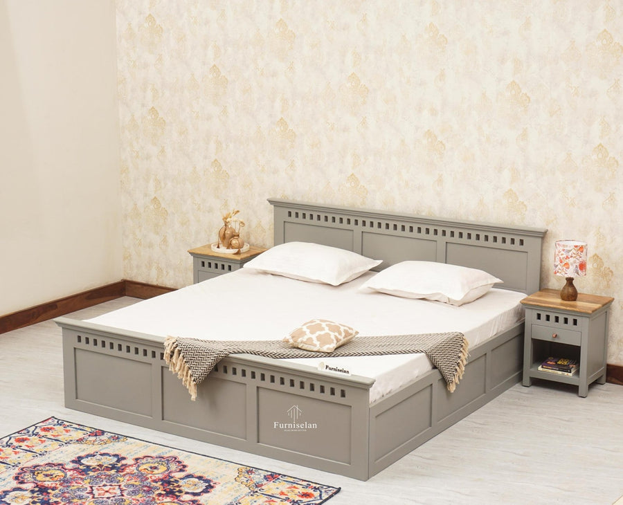 Alexandria Solid Wood Queen Size Bed with Hydraulic Storage Box - Furniselan-Cool-Grey