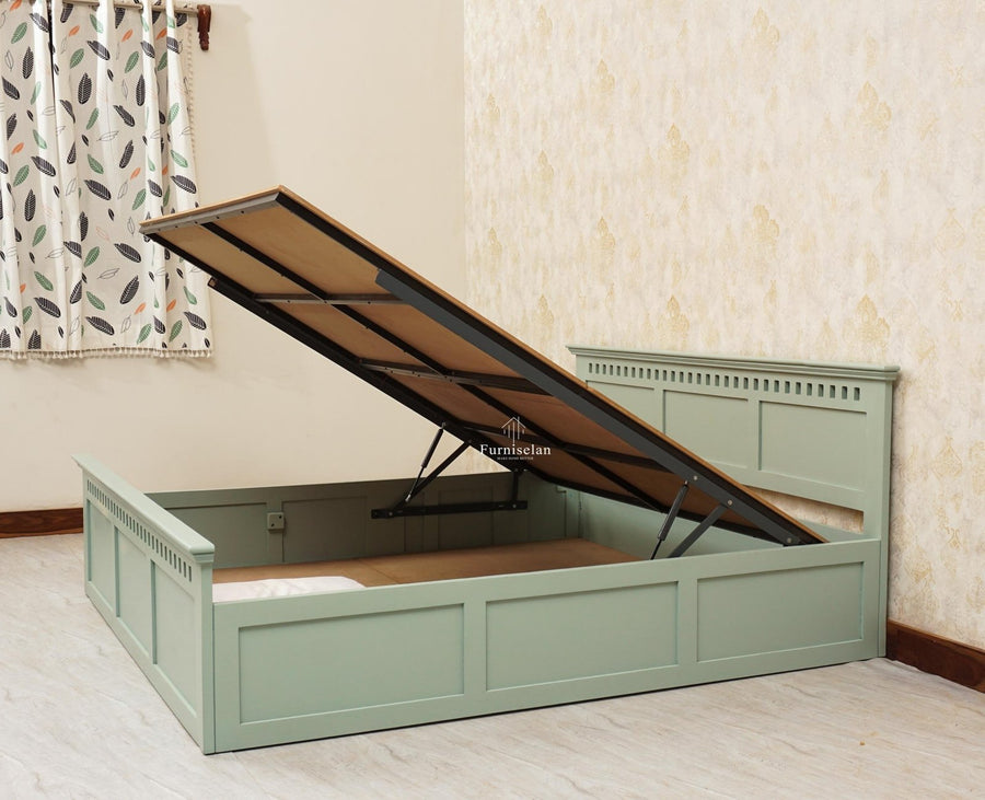 Alexandria Solid Wood Queen Size Bed with Hydraulic Storage Box - Furniselan-Silt-Green