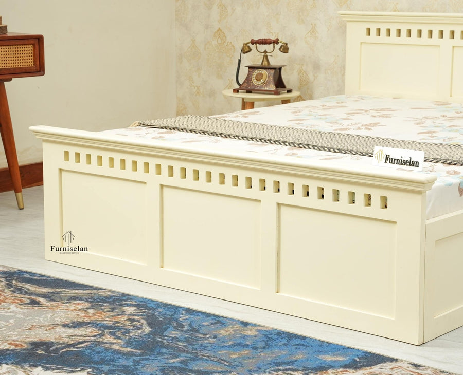 Alexandria Solid Wood Queen Size Bed with Hydraulic Storage Box Furniselan Frosty White