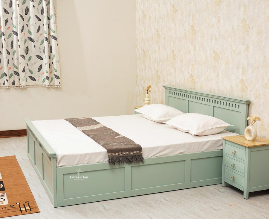 Alexandria Solid Wood Queen Size Bed with Hydraulic Storage Box - Furniselan-Silt-Green