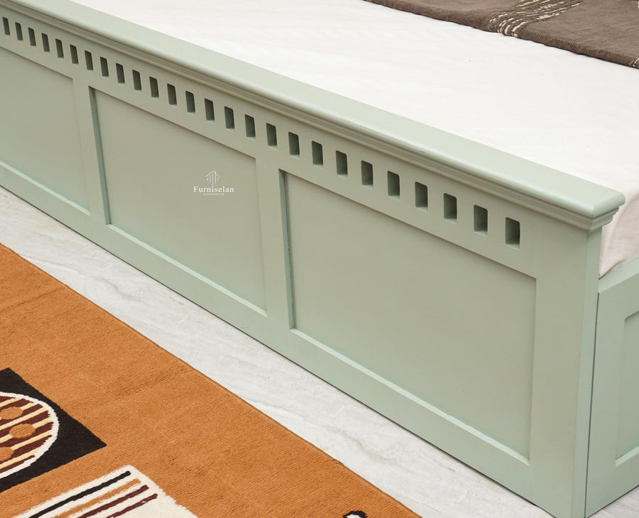Alexandria Solid Wood Queen Size Bed with Hydraulic Storage Box - Furniselan-Silt-Green