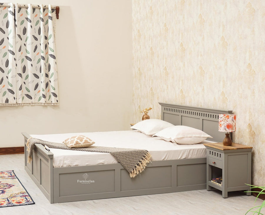 Alexandria Solid Wood Queen Size Bed with Hydraulic Storage Box - Furniselan-Cool-Grey