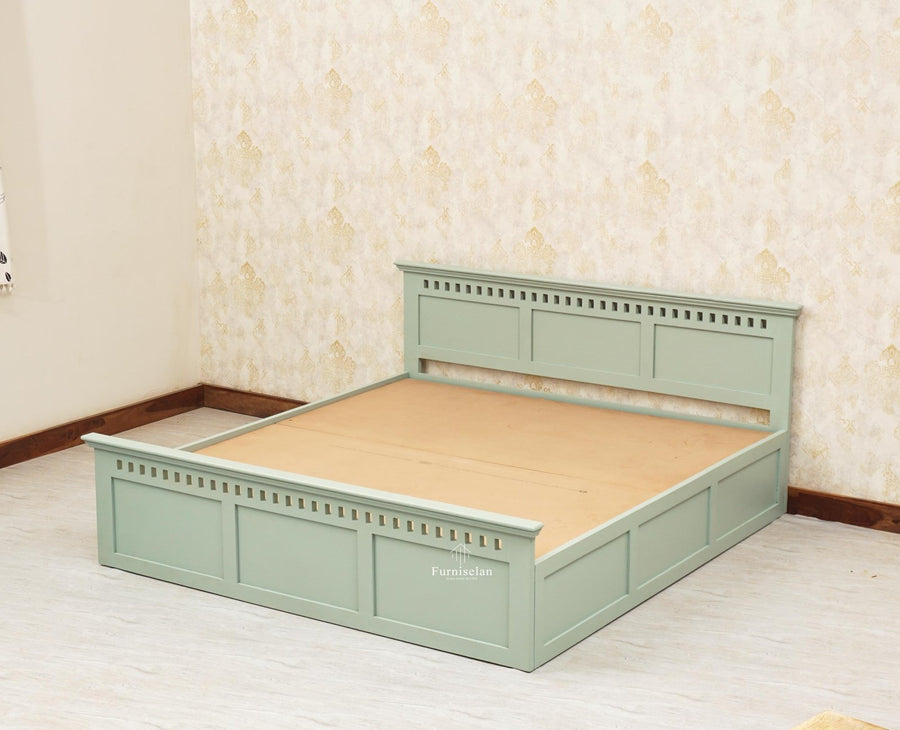 Alexandria Solid Wood Queen Size Bed with Hydraulic Storage Box - Furniselan-Silt-Green