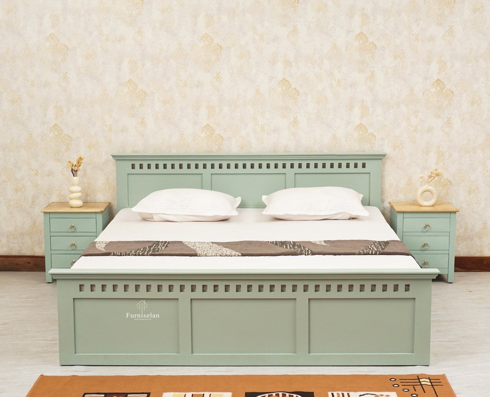 Alexandria Solid Wood Queen Size Bed with Hydraulic Storage Box - Furniselan-Silt-Green