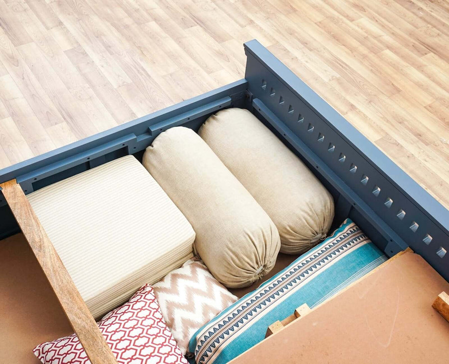 Alexandria Solid Wood Queen Size Bed with Storage Box - Furniselan China-Blue