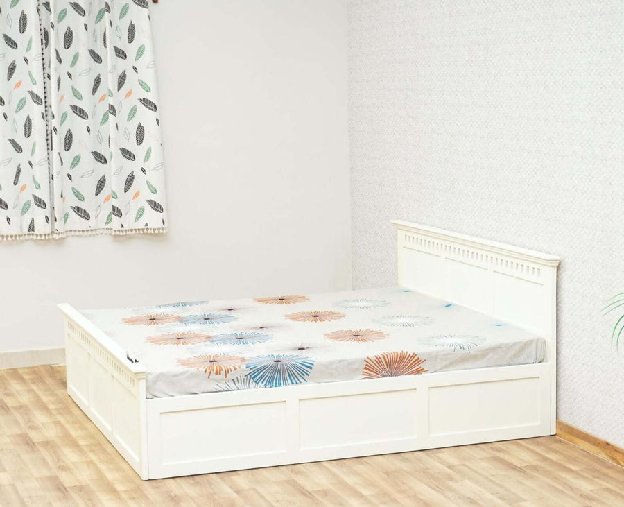 Alexandria Solid Wood Queen Size Bed with Storage Box - Furniselan - Frosty White