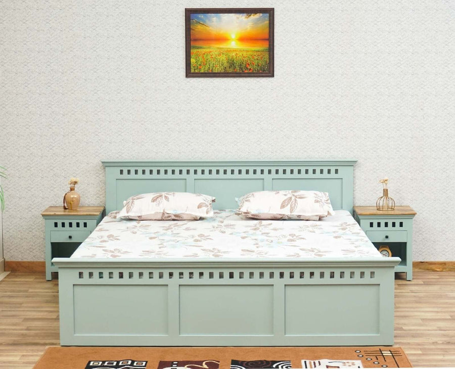 Alexandria Solid Wood Queen Size Bed with Storage Box - Furniselan Silt-Green