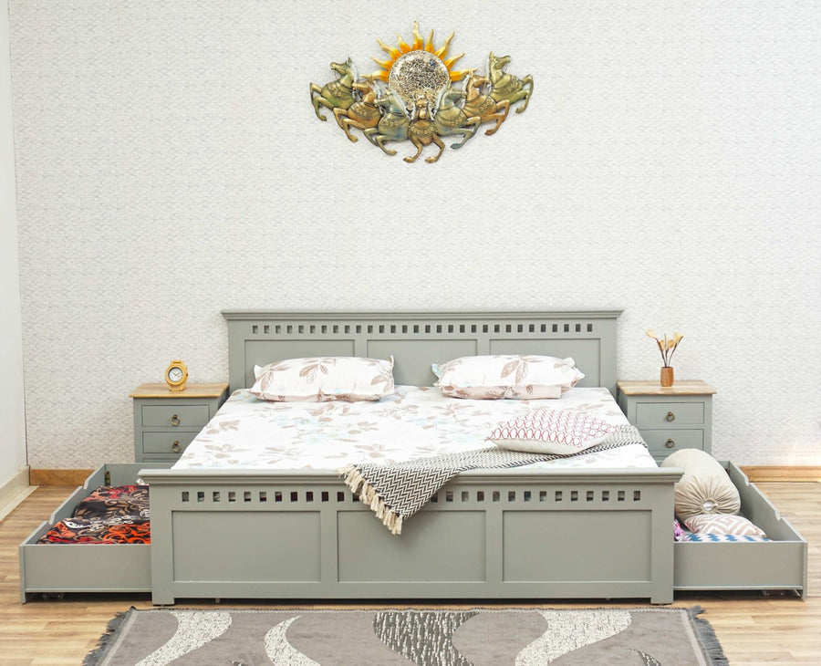 Alexandria Solid Wood Queen Size Bed with Storage Drawer - Furniselan Cool-Grey
