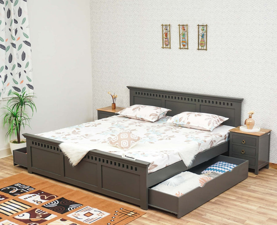 Alexandria Solid Wood Queen Size Bed with Storage Drawer - Furniselan Slate-Grey