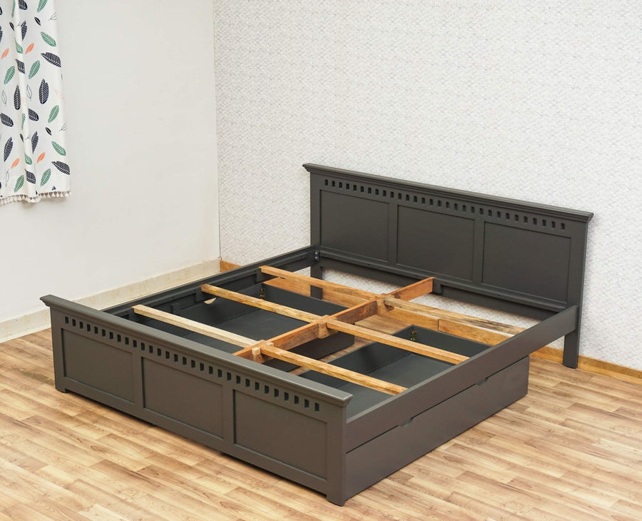 Alexandria Solid Wood Queen Size Bed with Storage Drawer - Furniselan Slate-Grey