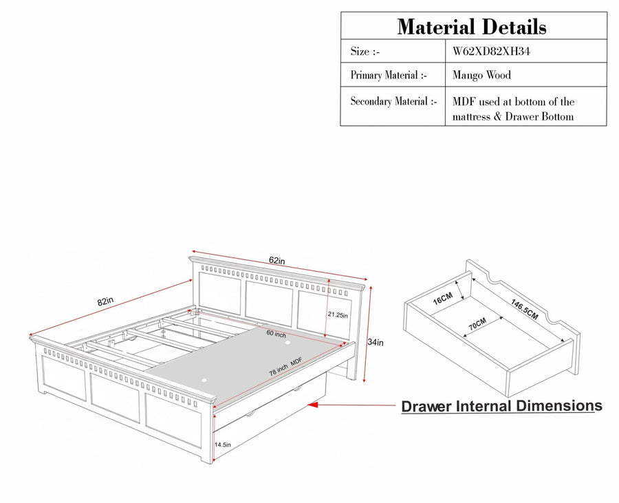 Alexandria Solid Wood Queen Size Bed with Storage Drawer - Furniselan Slate-Grey