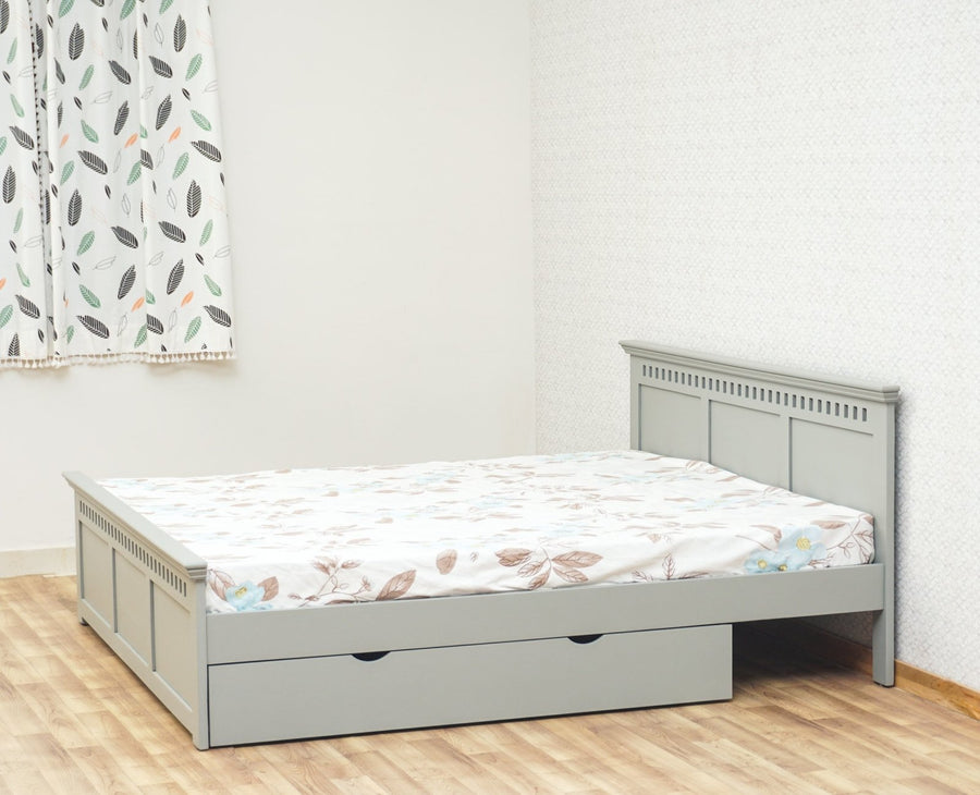 Alexandria Solid Wood Queen Size Bed with Storage Drawer - Furniselan Cool-Grey