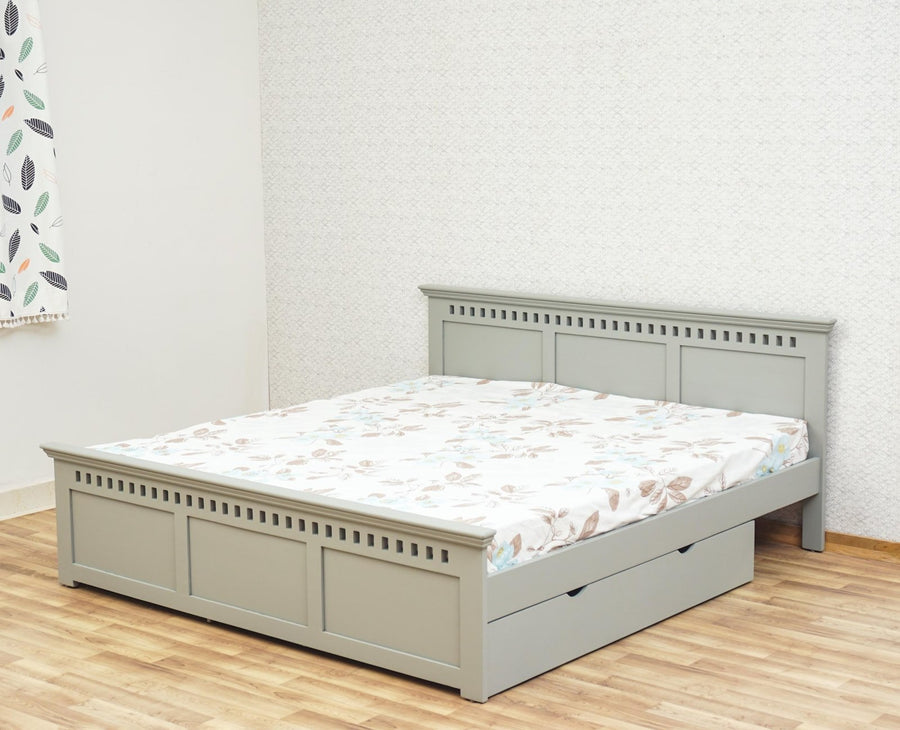 Alexandria Solid Wood Queen Size Bed with Storage Drawer - Furniselan Cool-Grey