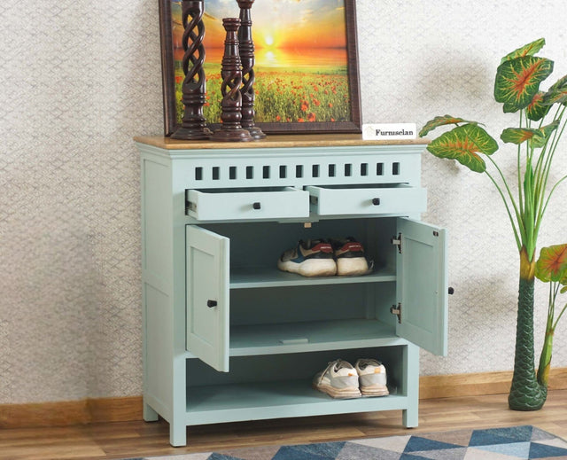 Alexandria Solid Wood Shoe Rack Two Drawer Two Door Furniselan Silt-Green