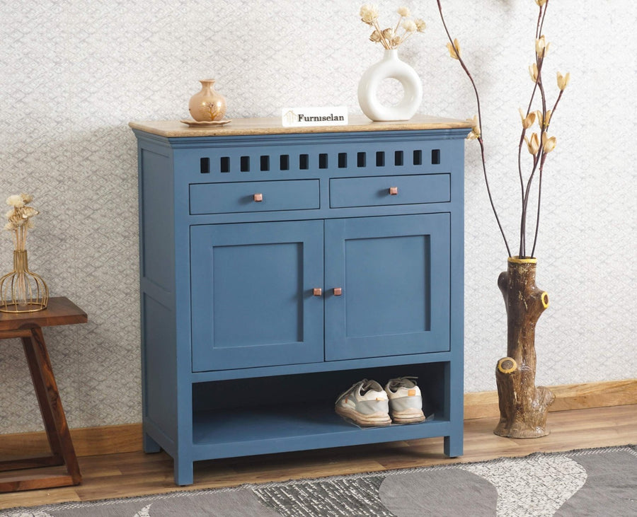 Alexandria Solid Wood Shoe Rack Two Drawer Two Door Furniselan China-Blue