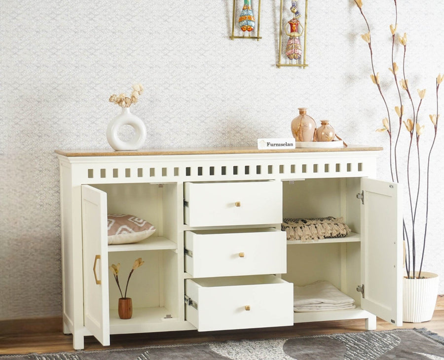 Alexandria Solid Wood Sideboard Three Drawer two door Furniselan -  Frosty White