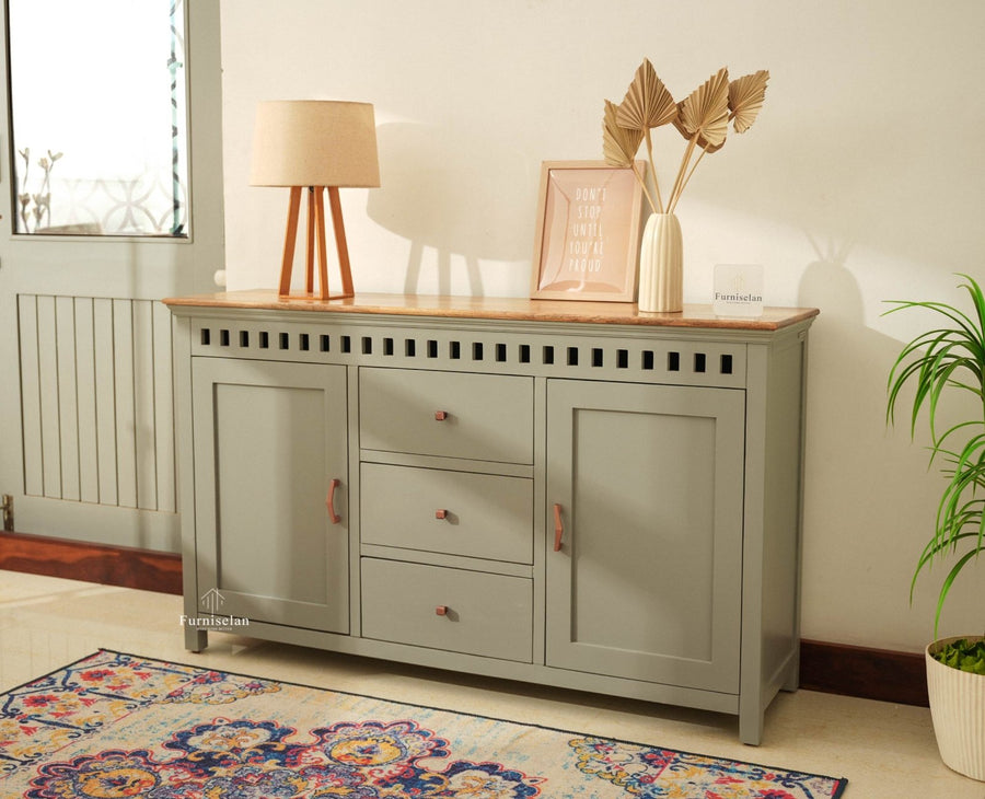 Alexandria Solid Wood Sideboard Three Drawer two door cool grey