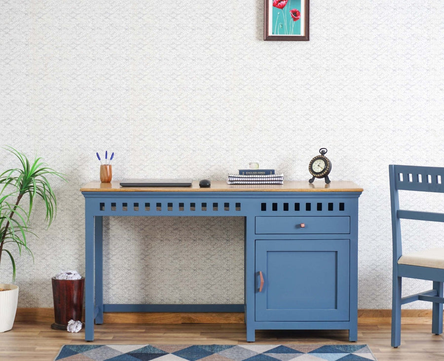 Alexandria Solid Wood Study Table-One Door and one Drawer Furniselan China-Blue