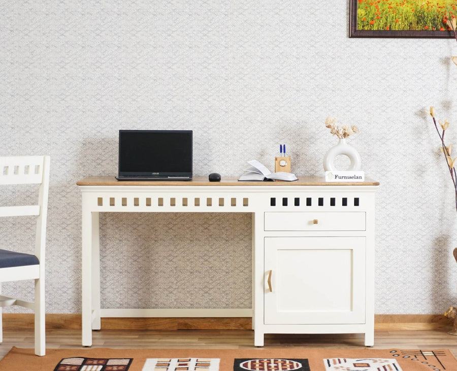 Alexandria Solid Wood Study Table - One Door and one Drawer - Study Table - Furniselan - Frosty White