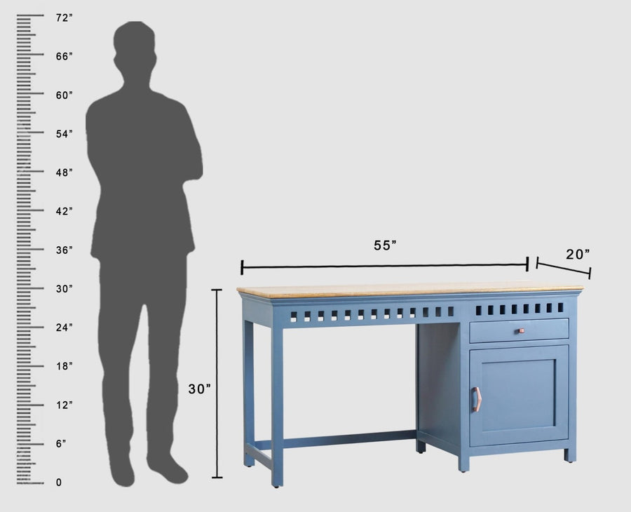 Alexandria Solid Wood Study Table-One Door and one Drawer Furniselan China-Blue