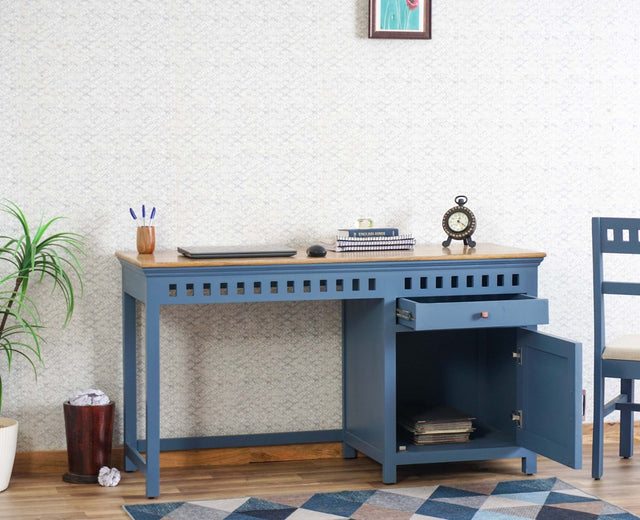 Alexandria Solid Wood Study Table-One Door and one Drawer Furniselan China-Blue