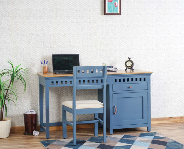 Alexandria Solid Wood Study Table-One Door and one Drawer With Chair Furniselan China-Blue