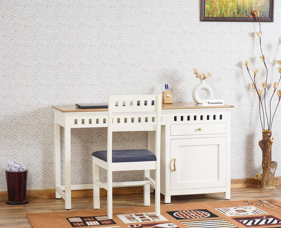 Alexandria Solid Wood Study Table - One Door and one Drawer With Chair - Study Table - Furniselan - Frosty White