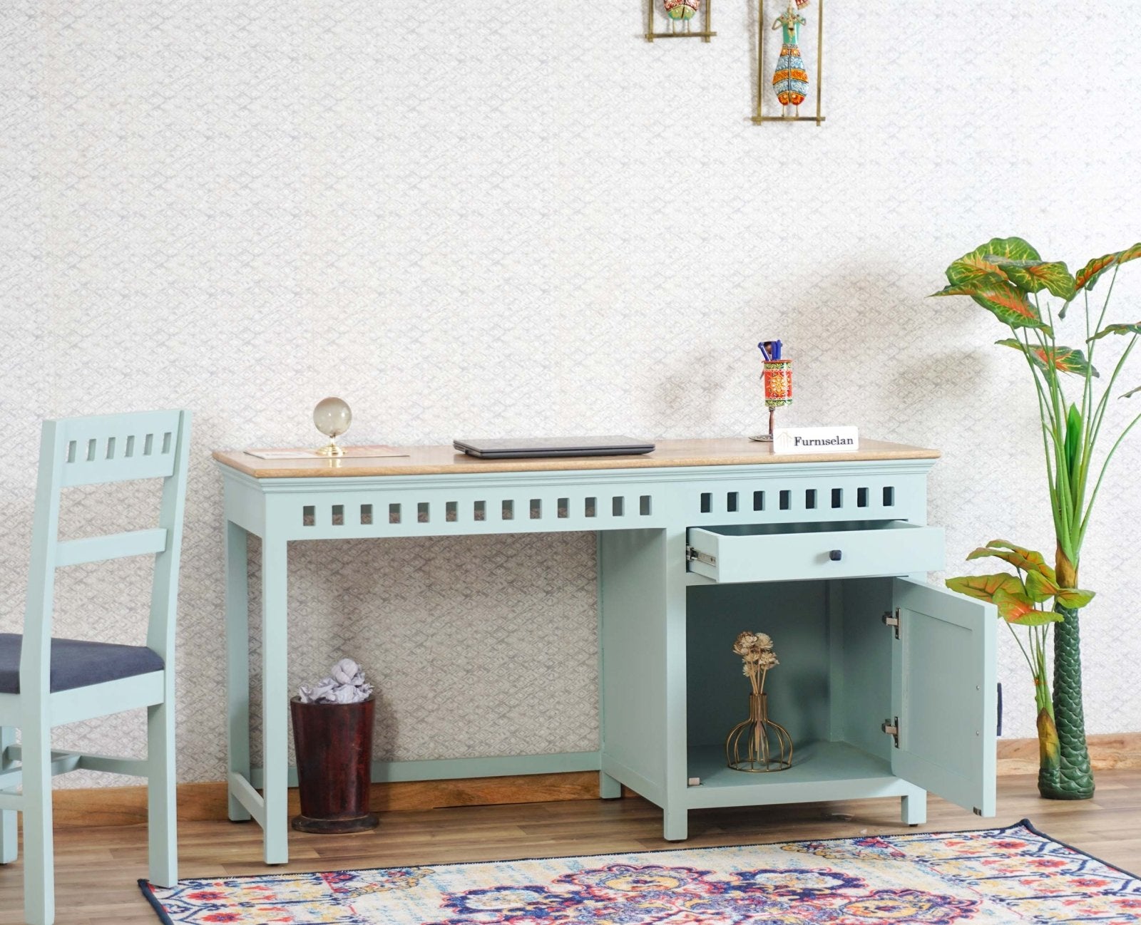 Alexandria Solid Wood Study Table-One Door and one Drawer With Chair Furniselan Silt-Green