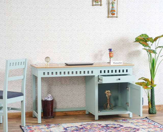 Alexandria Solid Wood Study Table-One Door and one Drawer With Chair Furniselan Silt-Green