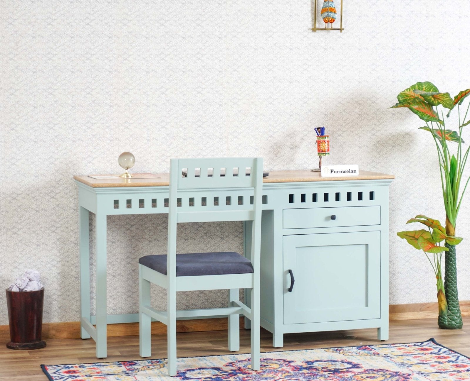 Alexandria Solid Wood Study Table-One Door and one Drawer With Chair Furniselan Silt-Green