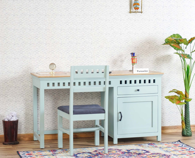 Alexandria Solid Wood Study Table-One Door and one Drawer With Chair Furniselan Silt-Green