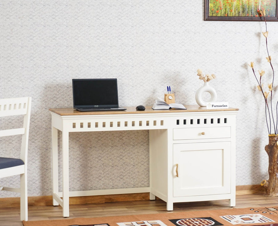 Alexandria Solid Wood Study Table - One Door and one Drawer With Chair - Study Table - Furniselan - Frosty White
