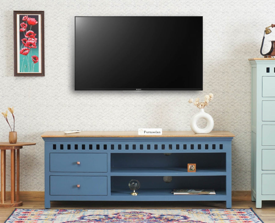Alexandria Solid Wood TV Cabinet- Two Drawer Furniselan China-Blue