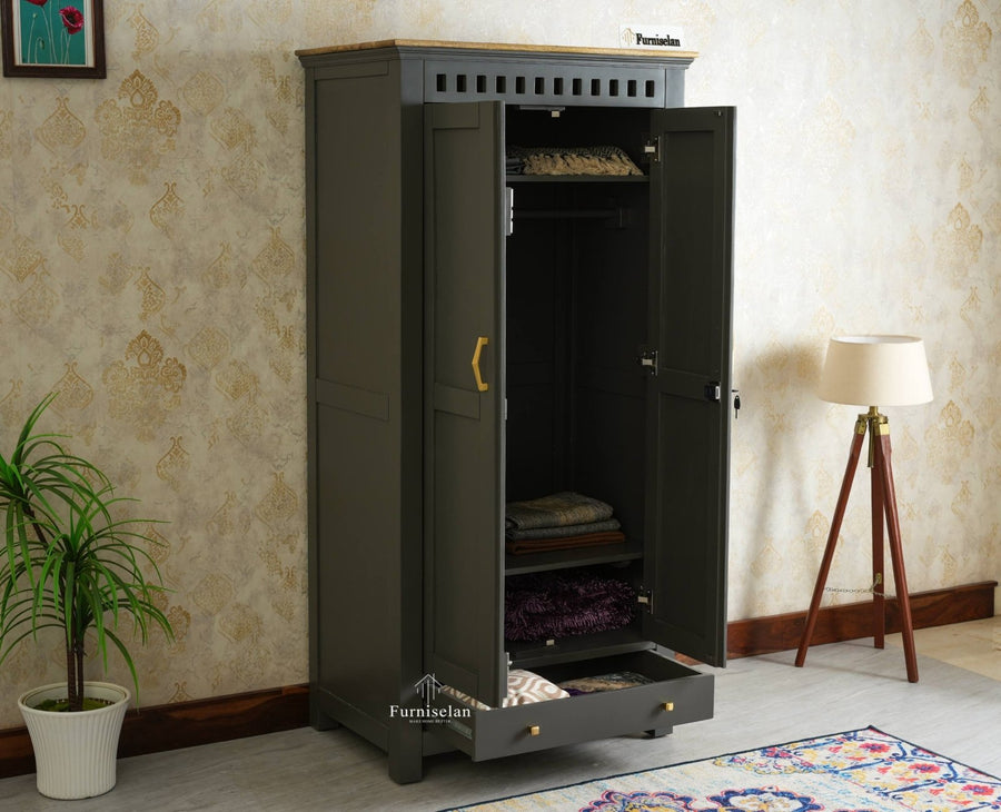 Alexandria Solid Wood Wardrobe Two Drawer Two Door Furniselan- Slate Grey