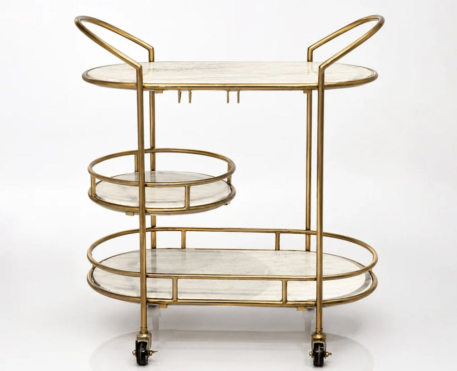 Alora Marble Serving Trolley with Metal - Antique Gold Finish