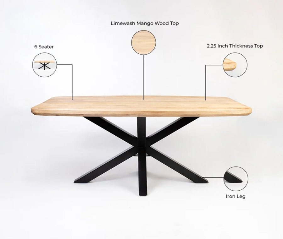 Alvero Wooden 6 Seater Dining Table with Iron Limewash