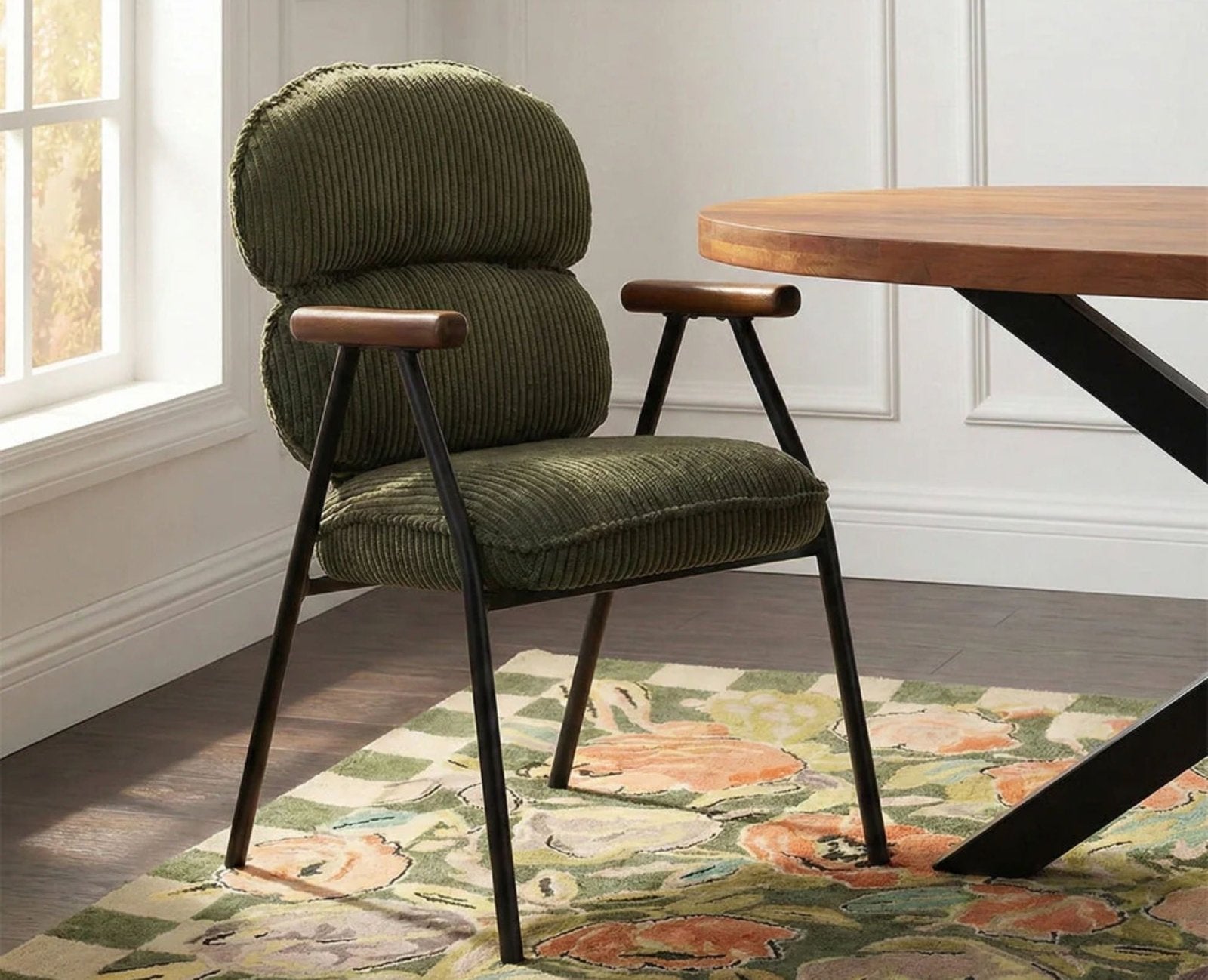 Antho Cotton Dining Chair with Wooden Armrest – Solid Wood Modern Dining Chair for Home & Restaurant Olive Green