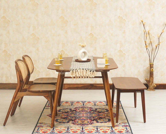 Antilia Solid Wood Four Seater Dining set with Two Chairs and Bench - Dining Set - Furniselan - Teak-Finish