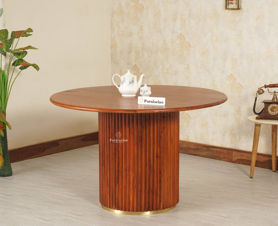 Antilia Solid Wood Four Seater Round Dining Table - Dining Set - Furniselan Brown Finish