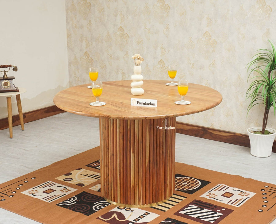 Antilia Solid Wood Four Seater Round Dining Table - Dining Set - Furniselan Natural Finish