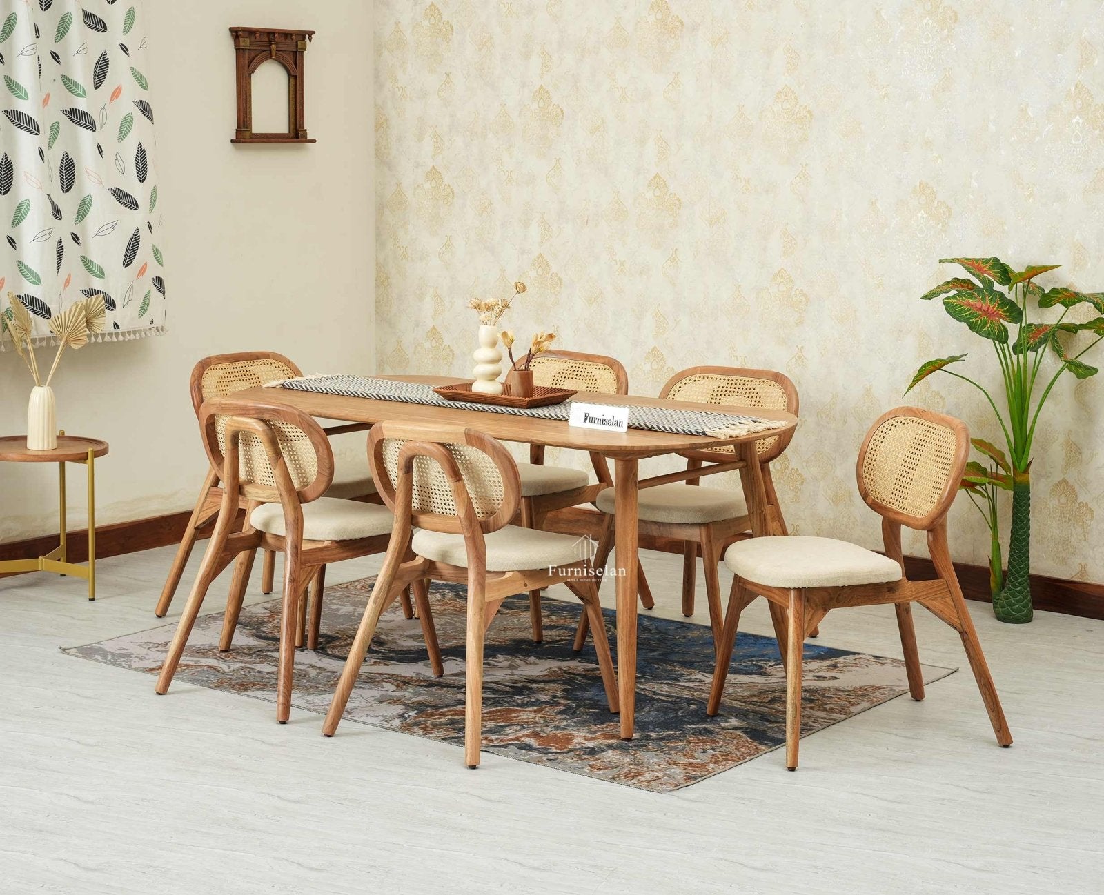 Antilia Wooden Six Seater Dining set Six Chairs with Cushion Natural Finish