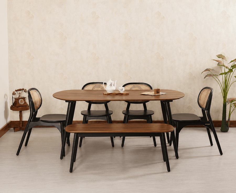 Antilia Wooden Six Seater Dining set with Four Chairs and Bench Furniselan Black Finish