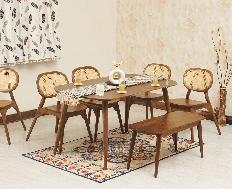 Antilia Wooden Six Seater Dining set with Four Chairs and Bench Furniselan Teak Finish