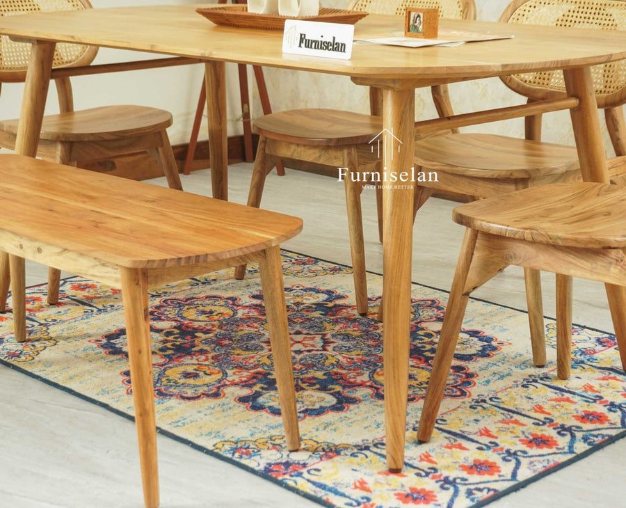 Antilia Wooden Six Seater Dining set with Four Chairs and Bench Furniselan Natural Finish