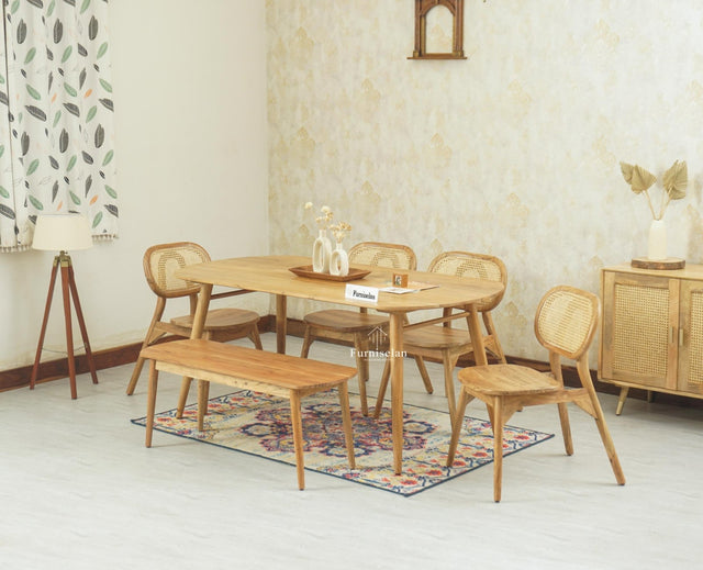 Antilia Wooden Six Seater Dining set with Four Chairs and Bench Furniselan Natural Finish