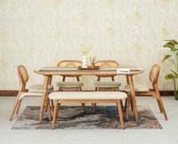 Antilia Wooden Six Seater Dining set with Four Chairs and Bench with Cushion Natural Finish